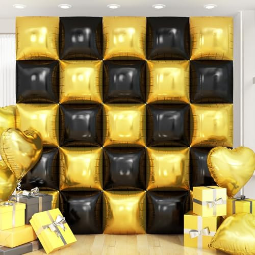 Black Gold Square Foil Balloon Wall,25Pcs Double Sided Helium Polyester Film Balloon Backdrop Tunnel Arch Garland Kit for Birthday Bridal Anniversary Baby Shower Party Decorations