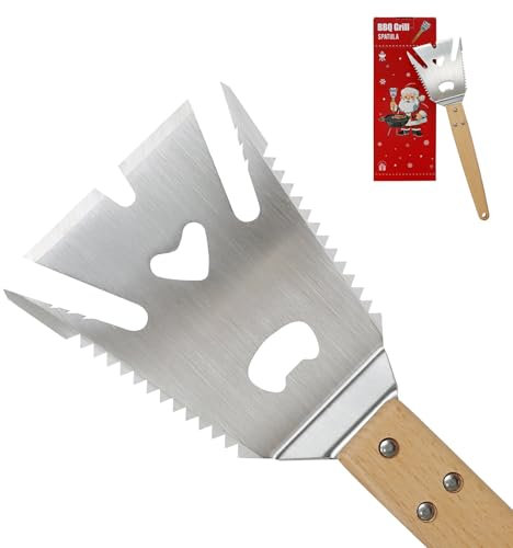 JYiuog Multifunktionaler Grillspatel, 6-in-1 Grillzubehör，Grillwender aus Edelstahl mit Holzgriff