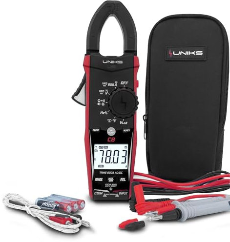 UNIKS - Pinza Amperometrica TRMS Digitale C8 - Tester Digitale Professionale 600A - Misuratore Corrente AC-DC Display LCD e Luce LED - Amperometro Ideale per Fotovoltaico