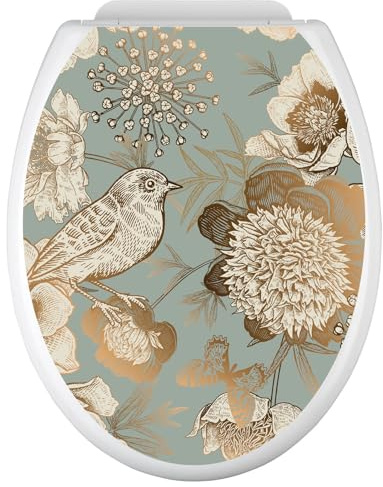 Lumaléa - Stickers Abattant WC Fleurs Oiseau - Adhésif BRILLANT - 35x43 cm