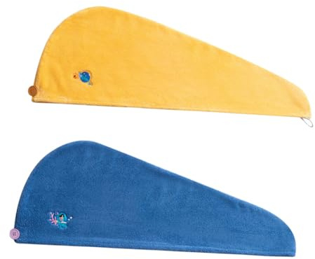 Damen Haartrockenhauben aus Polyester Jacquard, Schnelltrocknend | Dusche und Haarwäsche, Saugfähig mit Korallenfleece, 2 Stück in Gelb und Marineblau
