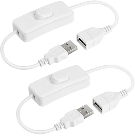 AXFEE 2 Stück USB Schalter Kabel 0.3m, Schalterkabel mit Ein/Aus-schalter | USB Verlängerungskabel mit Schalter für Fahrrekorder, LED-Schreibtischlampe, usb-Lüfter, Streifen(Weiß)