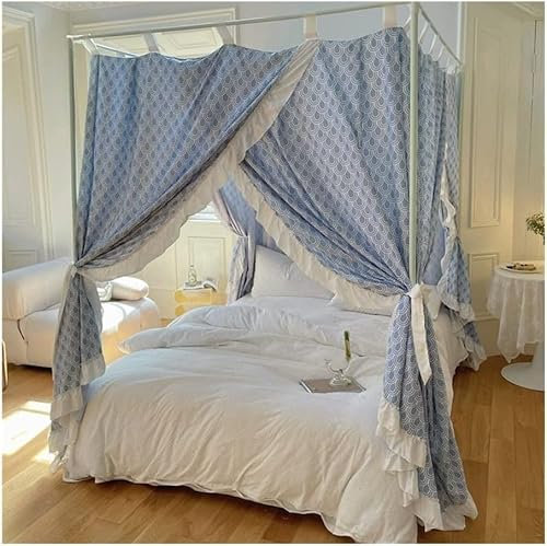 Eleganter, lichtdichter Betthimmel mit 4 Ecken, Baldachin, Bettvorhang mit stabilem Rahmen, romantisches Moskitonetz für Mädchen und Jungen, Schlafzimmer, Dekoration, blau, perfekt für Erwachsene