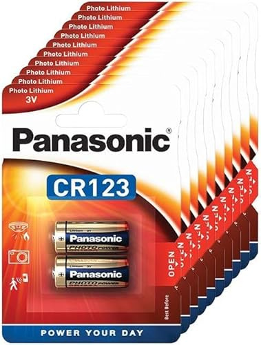 Panasonic CR123 - 20 pilas de litio cilíndricas para dispositivos ligeros con alta demanda de energía, como detectores de humo, sistemas de alarma, proyectores, cámaras, 3 V, (2 x 10 unidades)
