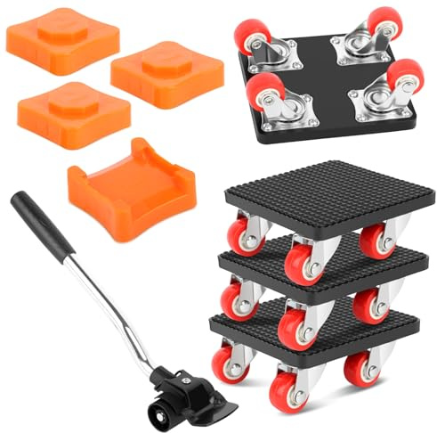 Kit de Poulettes pour Meubles Charge Lourde, 9 Pièces Leve Meuble 330 mm Barre D'extension, 4 Roue Rotative à 360 Degrés et 4 Blocs de Levage, Charge Maximale 400kg, pour Déménagement Meubles Lourds