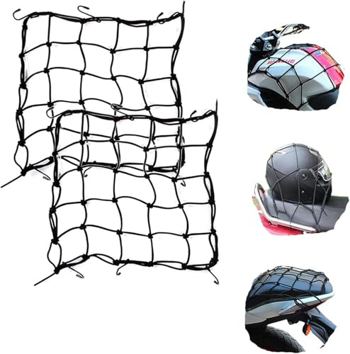 Paquet de 2 Noir 6 Crochet 15x15(40x40cm) Filet de Chargement de Moto pour Casque Motos Élastique de Chargement Bagages Filet Élastique de Rangement Arrimage Réglable