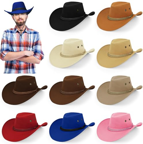 YFNVH 10 Stück Filz Cowboyhut Set für Damen und Herren, Westernhut mit verstellbarem Kinnband, Cowboyhut Cowgirlhut Kostüm Zubehör für Halloween Karneval, Fasching, Mottoparty, Festival Party