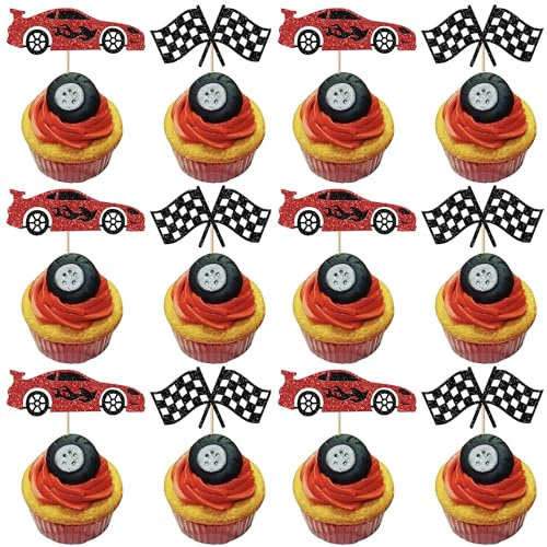 Xsstarmi 24 Pack Racing Car Cupcake Toppers Glitter Checkered Racing Flag Cupcake Picks for Racing Sports Baby Shower Birthday Party Cake Decorations Supplies