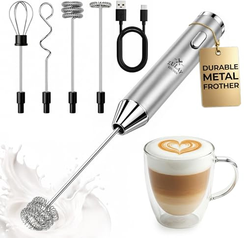 Zulay Kitchen Espumador de leche recargable de mano, varita espumadora, mezclador de bebidas, espumador eléctrico, para capuchinos, matcha y proteína en polvo, ultra metal 4, 1800 mAh, plateado