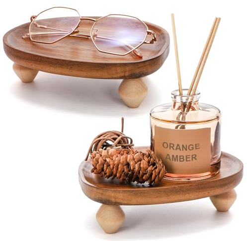 Dicunoy 2 Pack Acacia Wood Riser for Decor, 6 Small Wood Pedestal Display Stands for Kitchen Counter, Rustic Wooden Tray for Bathroom Counter, Tabletop Centerpieces, Entry Table, Farmhouse Decor