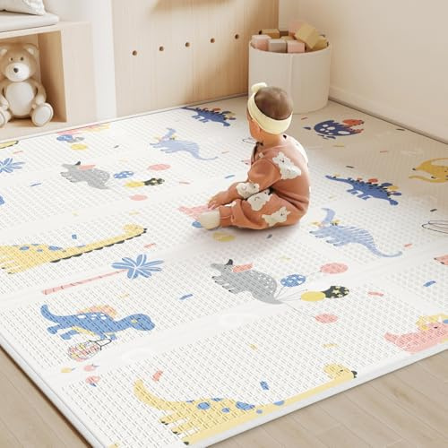 BG-BABYGO Baby Play Mat 120x120x1cm - Foam Floor Mats for Newborns & Toddlers, Waterproof Foldable Activity Mats with Dinosaur Design, Tummy Time Crawling Mat for Developmen