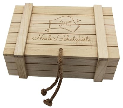 PartyMagix Schatzkiste personalisiert Kinder Jungen Piraten-Schatzkiste Schatztruhe mit Gravur Holztruhe Geburtstagsgeschenk Geldgeschenk (HB-007 D)