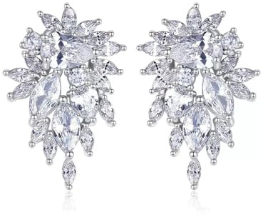 Silver Flower Leaf earrings For Women，Cubic Zirconia Wedding Earrings Bridal Bridesmaid (Silver 1)