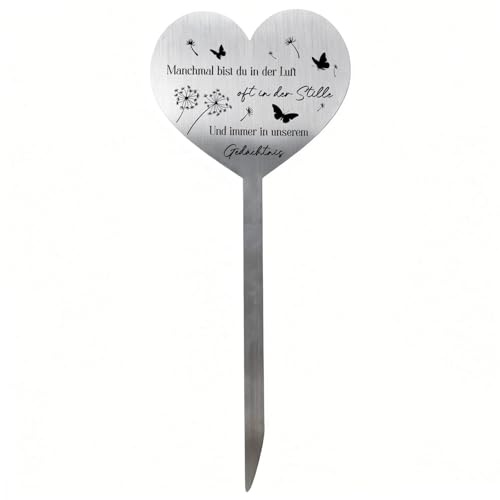 Herz Grabschmuck Wetterfest, Metall Grabstecker für Friedhöfe Gedenkstätten | Grabdeko mit Schmetterling Löwenzahn Spruch „Manchmal bist du in der Luft oft in der Stille Und immer in unserem Gedächtnis“