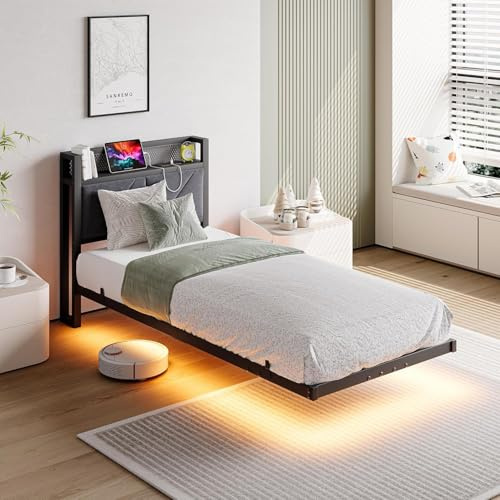 HAHRIR 90 x 200 cm Telo letto fluttuante con luci LED e stazione di ricarica USB, telaio letto piattaforma in metallo con testa di letto imbottita e spazio di archiviazione, grigio scuro