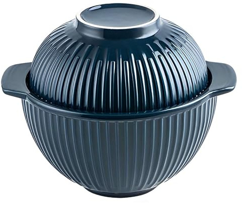 OIFAODAO, Keramisk instant nudelskål, keramiska soppskålar med lock, stor soppkopp handtag, små Ramen-skålar Mikrovågsugn ，Keramisk nudelskål(Blue)