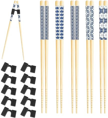 Chopsticks for Beginners, 5 Pairs Reusable Training Chopsticks with 10 Silicone Helpers, Elegant Design for Learning to Use, Ideal for Home Dining and Travel Meals