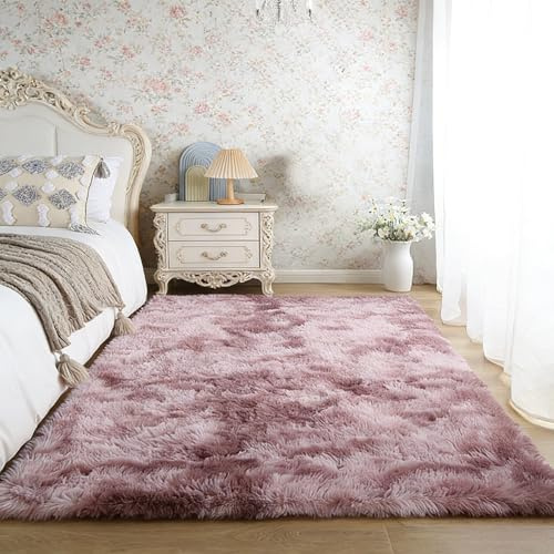 CUIMEI Flauschiger Teppich 250 x 280 cm, Anti-Rutsch Unterseite, Waschbar Bis 30 Grad, Super Soft, Felloptik, Einfache Reinigung, Esszimmer Weicher Teppich, Pink Lila