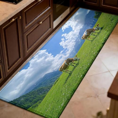 Alfombra de Cocina Vacas lecheras Alpinas 50 x 150 cm Verde Antideslizante y Antifatiga, Felpudo Lavable para Cocina, Comedor y Salón