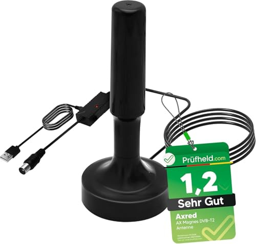 [Test SEHR GUT, Note 1.2 *] AXRED Magnes DVBT2 Antenne mit Verstärker 30dBi für innen außen, DVBT Antenne für Receiver TV Fernseher Camping, DVB-T DVB-T2 Antennen, DVB T2 Zimmerantenne 5m Kabel