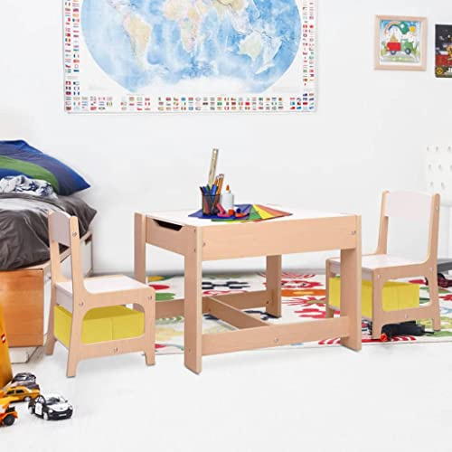 Ziaphsol Barnbord med 2 stolar, MDF, barnmöbler för babyrum och barnrum, möbelset med krittavla och whiteboard, förvaringsutrymme för leksaker, målning, hantverk, läsning