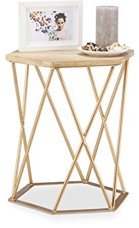 Relaxdays Beistelltisch Hocker, 6-eckiger Dekotisch mit Metallgestell in Gold, Sitzhocker 2in1, HxBxT 45x40x35 cm, natur