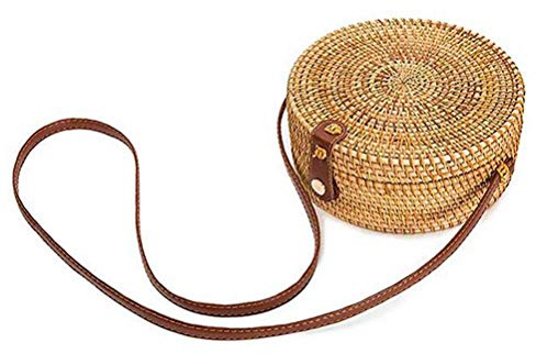 Hossejoy Handwoven Round Rattan Bag Shoulder Leather Straps for Women