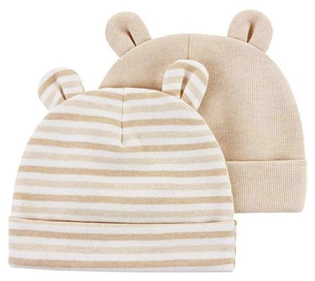 G-Tree Newborn Hospital Hat 0-6 Months Bear Ears Boys Girls Cotton Beanie Infant Baby Autumn Winter Cap, Unisex 2-Pack Apricot, Beige