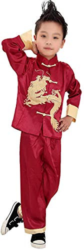 Lazutom Boys Tang Suit Kids Martial Arts Kung Fu Outfit Children Chinese Dragon Costume ((12)(120-130CM)(3.9-4.2FT)(8-9Year), Red)