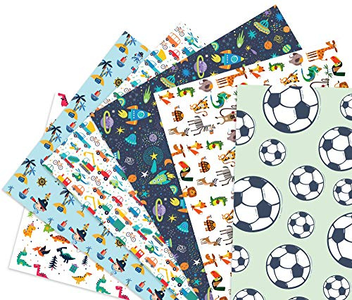 Friendly Fox Kinder Geschenkpapier für Jungen, 6 Bögen Motivpapier mit Dino Fahrzeuge Fußball Weltraum Piraten und Wilde Tiere, A2 Format (42 x 59,4 cm), Kindergeburtstag Geschenkverpackung