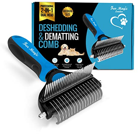 Fur Magic Deshedding & Dematting Comb, Grooming Brush 2-in-1 Undercoat Rake | Medium Blue, for dogs and cats with long and medium hair, reduces shedding, removes mats and tangles, safe and skin-friendly