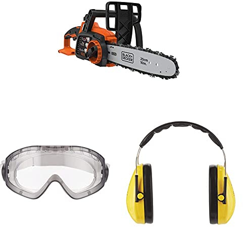 Black+Decker 18V Akku-Kettensäge GKC1825LB, 25 cm Schwertlänge, ohne Akku + Ladegerät, inkl. 3M™ Schutzbrille für Werkzeugmaschinen 2890S, und 3M H510A (87 bis 98 dB)
