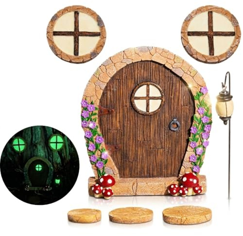 Feentür und Fenster für Baumwichtel Garten set mit Licht, Wichteltür, Elfentür, Feen Wichtel Tür für draußen, Tomte Weihnachtswichtel Deko Zubehör Ideen, Gnome Fairy Door, Miniatur Weihnachtsdeko