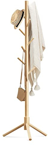 Haddockway Wooden Coat Rack Stand with 8 Hooks New Zealand Pine 3 Adjustable Coat Standing Tree Easy Assembly for Coats, Hats, Scarves and Handbags for Entryway, Hallway, Bedroom, Office