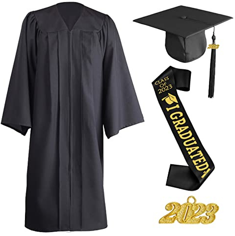 Formemory 2023 Abschluss Talar mit Abschluss Hut, 4pcs Graduation Robe Set mit Doktorhut 2023 und Quaste Hochschule Bachelor und Master (4.9-5.2ft, Schwarze)