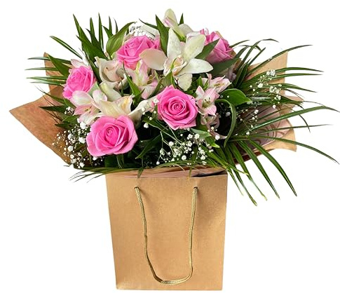 Sweet Harmony Pink Rose and Orchid Bouquet with Gypsophila in Gift Bag