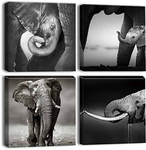 Artscope 4 Piezas Lienzos Decorativos - Elefante Africano Imágenes Estilo Nórdico Pintura Prueba de Agua con Marco Listo para Colgar para Sala de Estar Décor Dormitorio Regalo 30x30cm - Gris