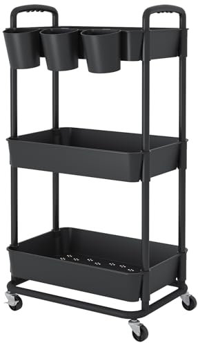 JIUYOTREE Rollwagen mit 3 Ebenen, Kunststoff, mit extra hängenden Bechern, Griffen, abschließbare Räder, für Wohnzimmer, Badezimmer, Küche, Büro, Schwarz