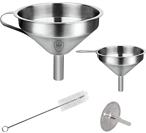 Embudo Acero Inox, XiXiRan Set de Embudos de Cocina, Embudos Acero Inoxidable con Mango y colador Desmontable y Cepillo para Tubos