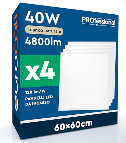 4 Pannelli LED 60x60 40W Quadrati da Incasso 4800 Lumen - Luce Naturale 4000K - Plafoniera da Ufficio Alta Luminosità 120 lm/W Lampada da Soffitto per Controsoffitti Modulari con Driver Incluso
