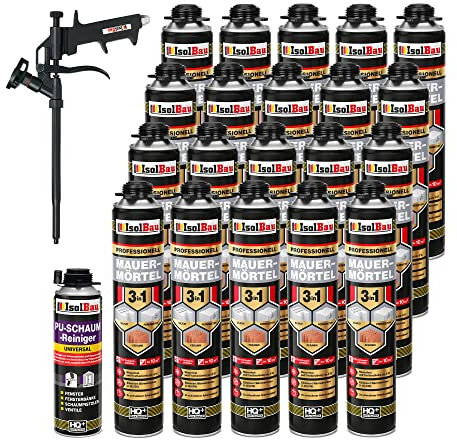 Isolbau Mauermörtel Set: 20x 750 ml PU-Mörtel 1x 500 ml Pistolenreiniger 1x Teflon Schaumpistole, PU-Reiniger, Montageschaum, Pistolenschaum