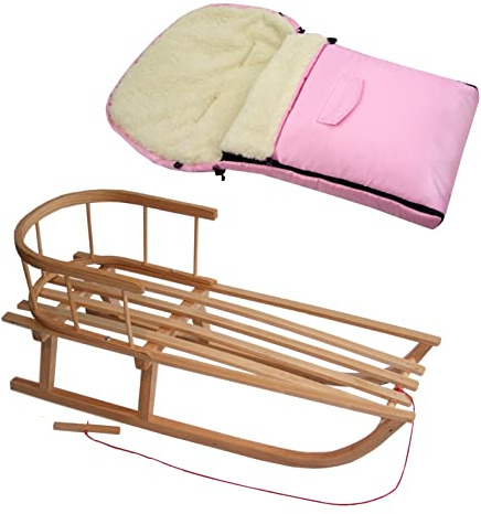 Kombierbjudande träsläde med ryggstöd och dragrep + universell vinteråksäck (90 cm), även lämplig för babystol, barnvagn, buggy, lammull, uni (rosa + släde)
