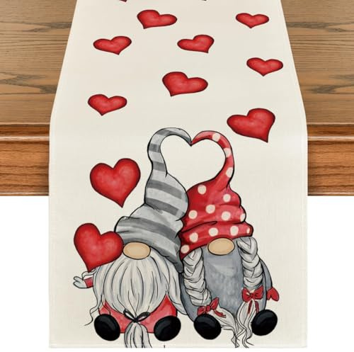 Artoid Mode - Runner da tavolo, fantasia con gnomo e cuore, per San Valentino, primavera, inverno, decorazione per cucina, interni, feste e festività, 40 x 140 cm