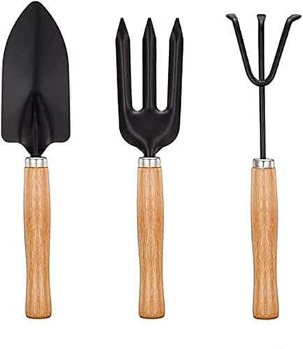 Garden Tools Set 3 Piece - Mini Hand Tool Gift Kit, Outdoor Gardening transplanting for Gardener - Succulent Plants Tools Wood Handle Rake, Fork and Shovel, Tools Kit for Seedlings, Bonsai and Herbs