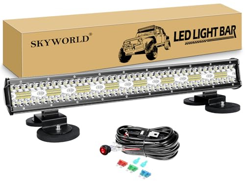 SKYWORLD 8D Dreireihige Led Lichtbalken Auto, 23 Zoll 59 cm 480W | Offroad Beleuchtung Led Bar mit 12V Kabelbaum Kit und Magnet Halterung für SUV ATV UTV LKW KFZ 4x4, Fahrzeuge, 6000K Weiß