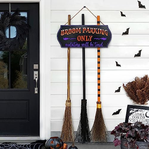 Halloween Decorations - Broom Parking Sign with 3 Wooden Witches Brooms