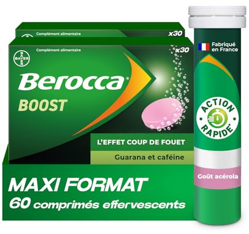 Berocca® Boost - Effet coup de fouet - Aide à réduire la fatigue -Vitamine B12, Guarana, Caféine, Vitamine C et Magnésium, Goût Acérola - Complément Alimentaire - 2x30 cp effervescents