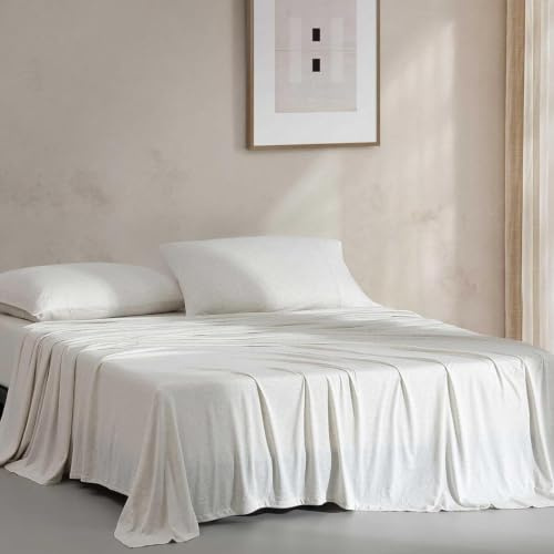 Calvin Klein - Sábanas de Cama tamaño Queen, Juego de Ropa de Cama de Punto de Mezcla de algodón con Fundas de Almohada a Juego, Bolsillos Profundos, Certificado Oeko-Tex (Modern Cotton Ivory/Grey)