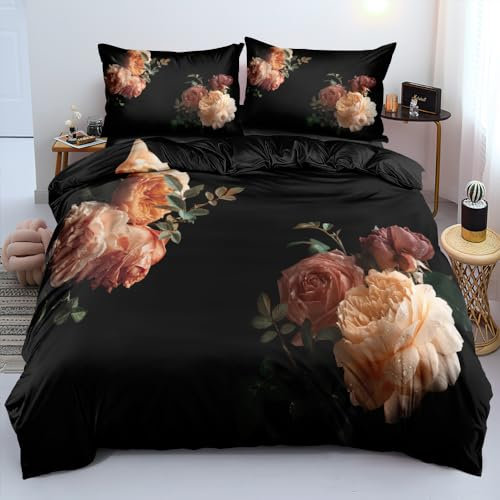 DXHOME Bettwäsche Schwarz Blumen 155x220 Gelb Vintage Blumenmuster Wende Bettwäsche Set Pflanzen Weiche Mikrofaser Elegant Bettbezug mit Reißverschluss und 2 Kissenbezüge 80 x 80cm