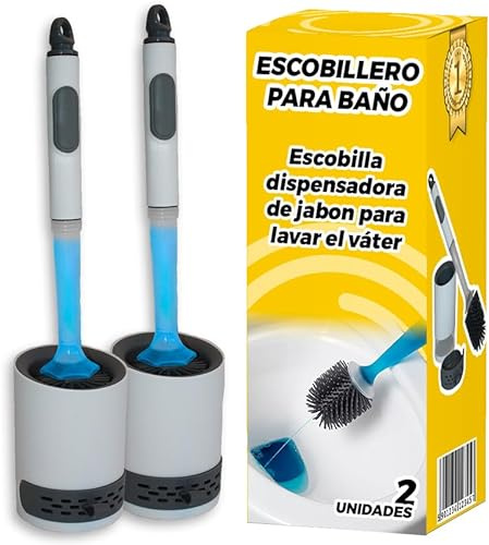 Escobillas de Baño Silicona con Dispensador de Jabon y Adhesivo Resistente Pack de 2 - Accesorios para Baño Higiénico Antigoteo con Soporte Ventilado